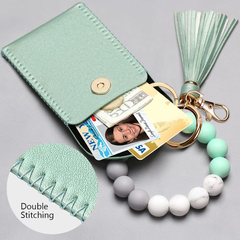 UpUDo Keychain Bracelet Wristlet, Silicone Beaded Key Ring Bracelet with Card Wallet, Elastic Keyring Bangle for Womens - Image 3